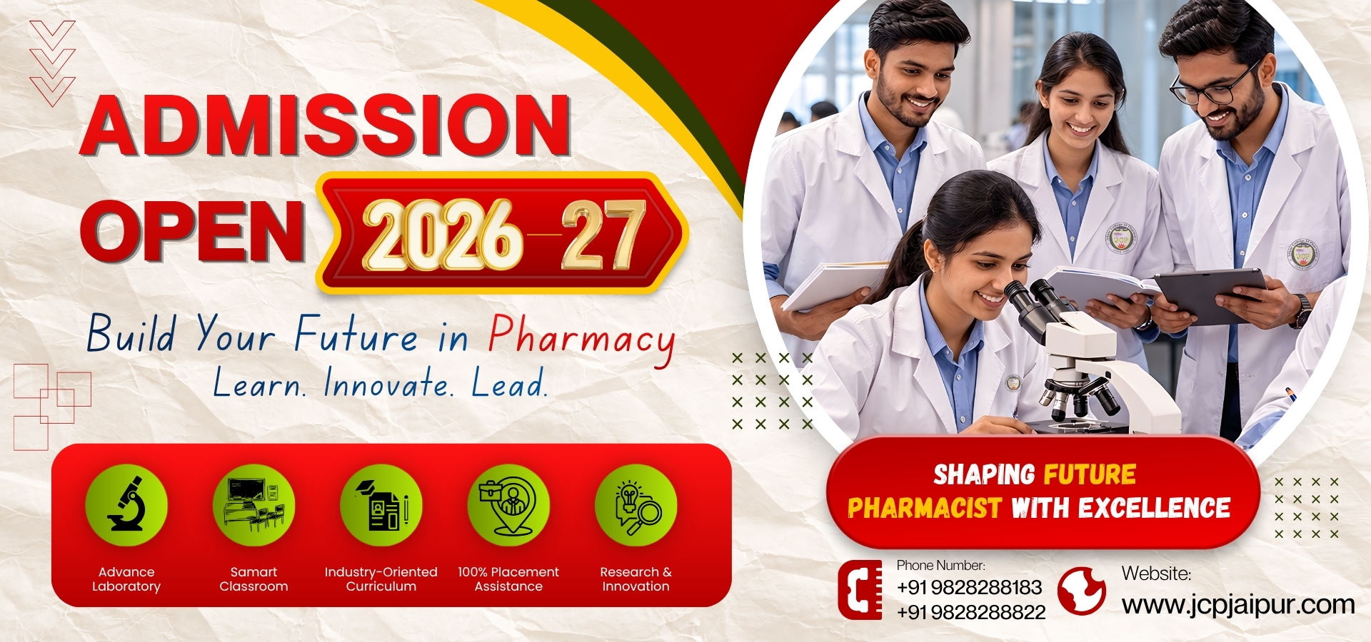 Jaipur College of Pharmacy admission open 2026 to 2027 banner